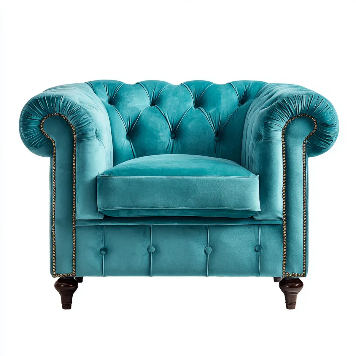 Fotel, Chesterfield turkusowy fotel poliestrowy aksamitny z zaokrąglonymi podłokietnikami 110 x 90 x 78 cm