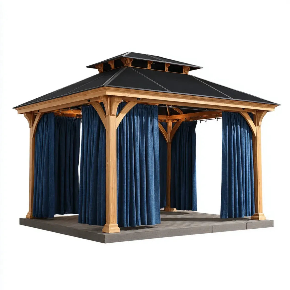 Altana lub pergola, Plac pawilon ogrodowy w naturalnym drewnie z czarnym dachem i granatowymi zasłonami o wymiarach 400 x 400 x 340 cm