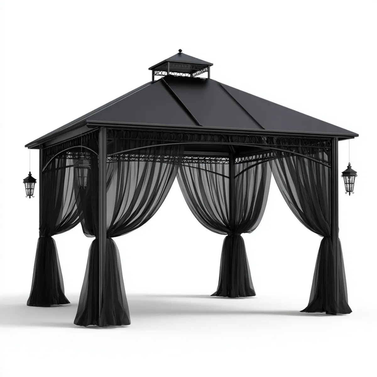 Altana lub pergola, Czarny kwadratowy ogród pawilon 300 x 300 x 300 cm stali z zasłonami poliestrowymi