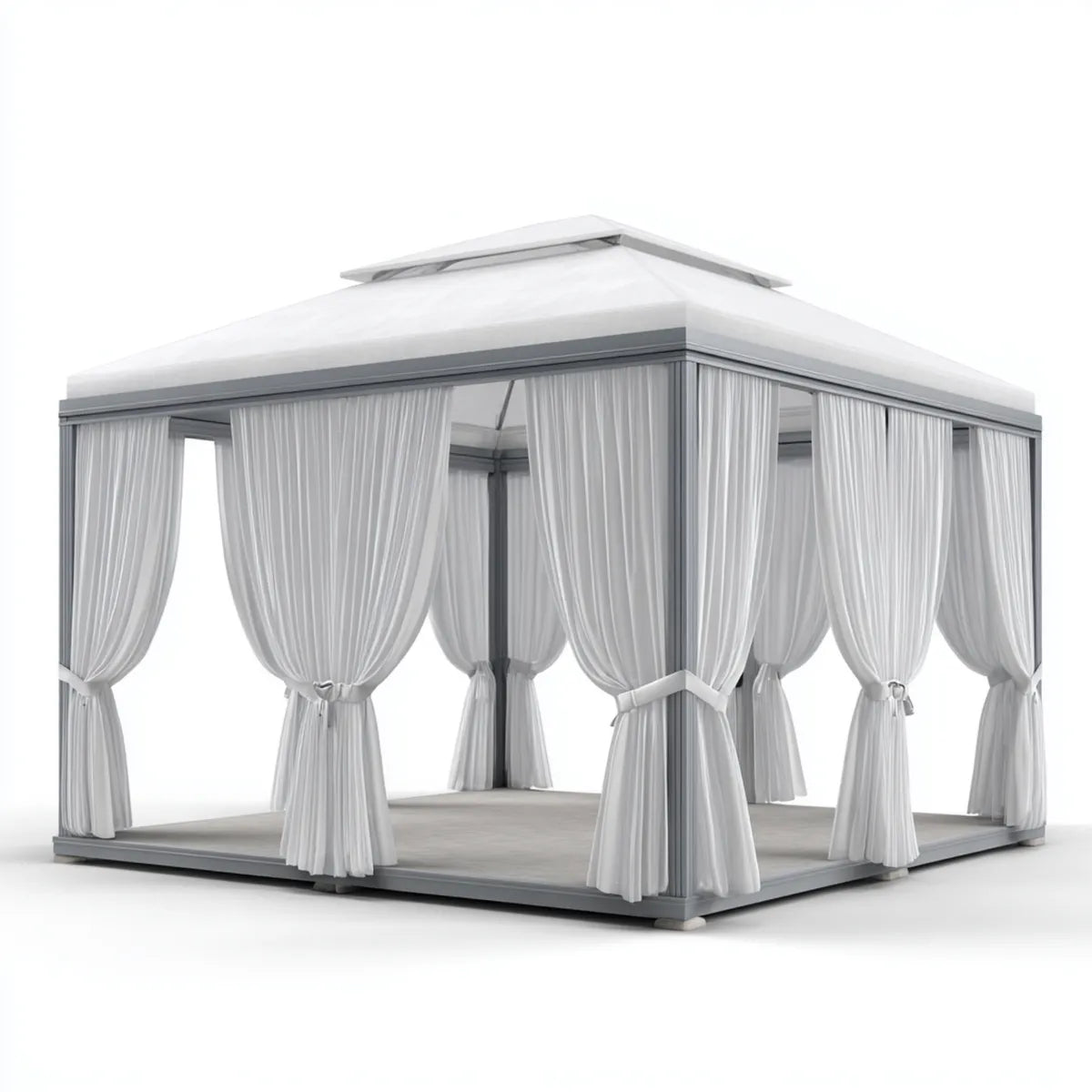 Altana lub pergola, Plac pawilon ogrodowy szary i biały 300 x 300 x 280 cm w aluminium i poliestrze z zasłonami
