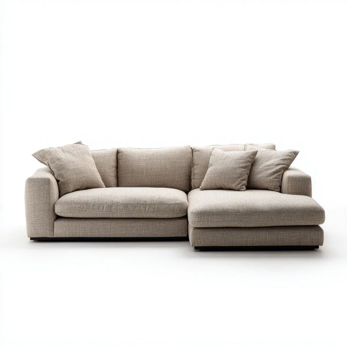 Sofa, 3-osobowa sofa z szezlongiem na beżowym poliestrze, 275 x 165 x 85 cm