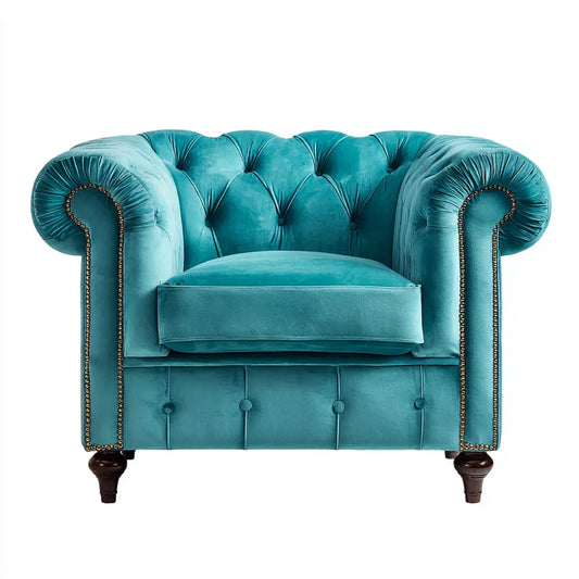 Fotel, Chesterfield turkusowy fotel poliestrowy aksamitny z zaokrąglonymi podłokietnikami 110 x 90 x 78 cm