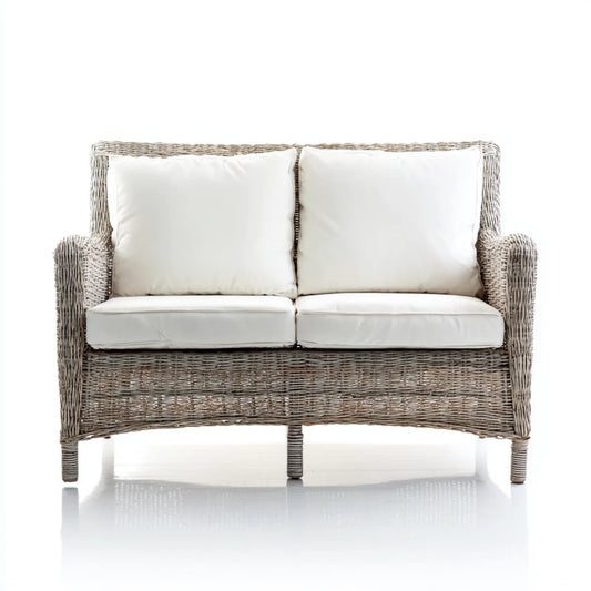 Sofa ogrodowa, 2 fotela ogrodowa w szarej rattanie z białą poduszką 120 x 70 x 85 cm