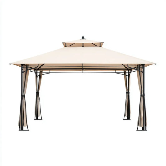 Altana lub pergola, Plac ogród tonnale beżowe 300 x 300 x 270 cm w stali i poliestru z podwójnym dachem i zasłonami