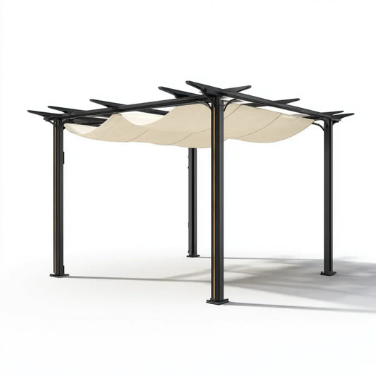 Altana lub pergola, Czarno-beżowe, prostokątne pergola 400 x 300 x 230 cm, aluminiowa z przesuwanym dachem poliestrowym