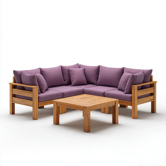 Sofa ogrodowa, 4 meble ogrodowe narożniki fotela z fioletowym stołem do kawy w litym lasku acacia 220 x 220 cm