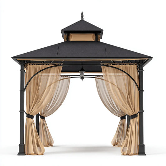 Altana lub pergola, Czarny i beżowy kwadratowy ogród tonnale 300 x 300 x 290 cm w stali i poliestru z podwójnym dachem i zasłonami