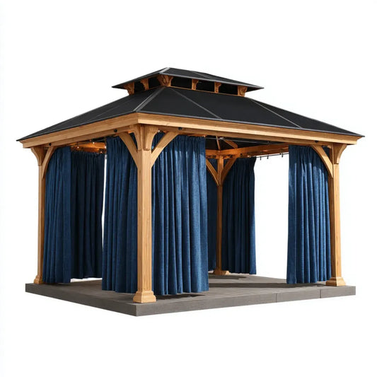 Altana lub pergola, Plac pawilon ogrodowy w naturalnym drewnie z czarnym dachem i granatowymi zasłonami o wymiarach 400 x 400 x 340 cm