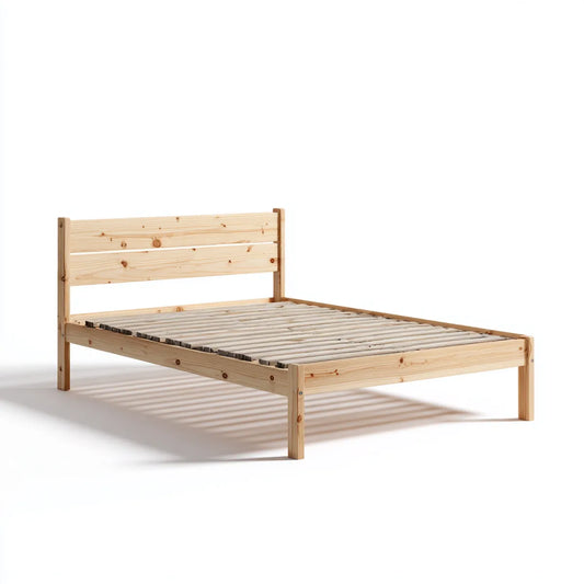 Rama łóżka, Podwójna rama łóżko naturalna 140 x 200 cm lite drewno sosna prostokątna z deską i ramka smukła