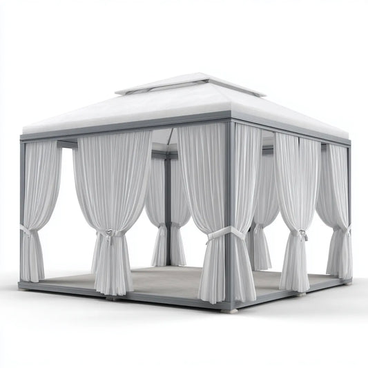 Altana lub pergola, Plac pawilon ogrodowy szary i biały 300 x 300 x 280 cm w aluminium i poliestrze z zasłonami