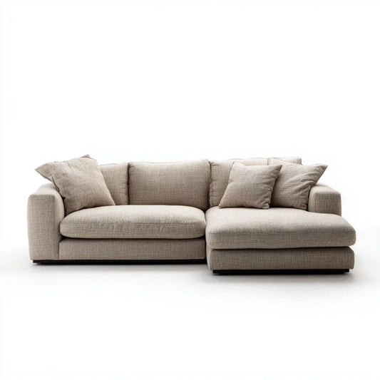 Sofa, 3-osobowa sofa z szezlongiem na beżowym poliestrze, 275 x 165 x 85 cm