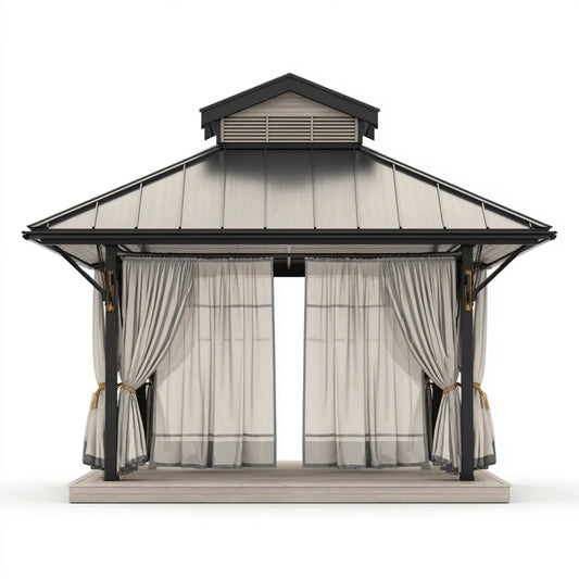 Altana lub pergola, Plac pawilon ogrodowy szary antracyt 300 x 300 x 290 cm w aluminium i poliwęglan z zasłonami poliestrowymi